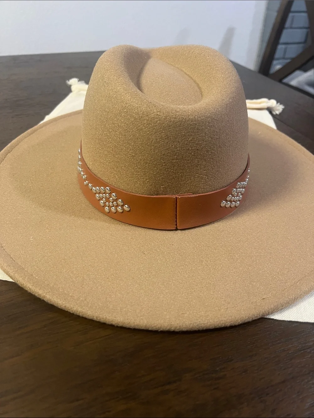 Womens Studded Beige Fedora Hat with Leather Band